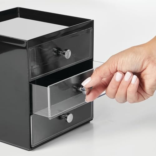 mDesign Makeup Organizer Storage Station Cube with 3 Drawers for Bathroom Vanity, Cabinet, Countertops - Holds Lip Gloss, Eyeshadow Palettes, Brushes, Blush, Mascara - Black/Clear - color: Black/Clear