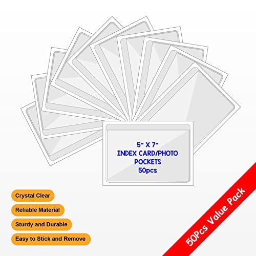 IMAGAME Clear Adhesive Index Card Pockets, 5" x 7", 50 Pack - size: 5-5/8" x 7-5/16" for 5" x 7" Cards/Photos