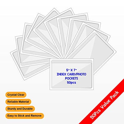 IMAGAME Clear Adhesive Index Card Pockets, 5" x 7", 50 Pack - size: 5-5/8" x 7-5/16" for 5" x 7" Cards/Photos