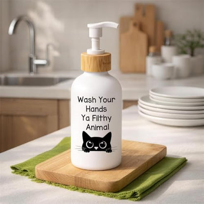 Black Cat Bathroom Soap Dispenser, Wash Your Hands Filthy Animal Glass Hand Soap Dispenser with Pump, Funny Cat Refillable Handsoap Liquid Bottle for Bathroom Washroom Restroom Countertop - color: Cat Quote