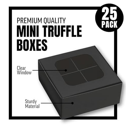 25 pcs Black Mini Truffle Box for 4 Treats with Window and Dividers, Bakery Boxes, 3.5 x 3.5 x 1.57 Inches VERY SMALL Baking Boxes, Square Truffles Box for Gift Giving - color: Black