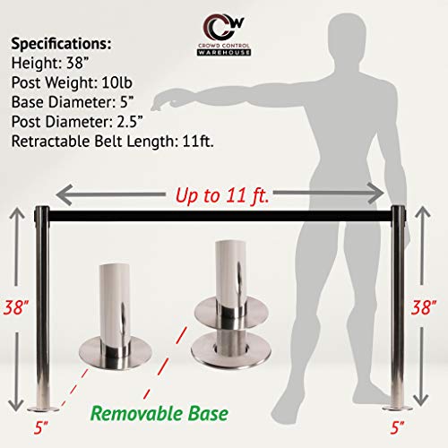 CCW Set of 2 Retractable Belt Barrier Stanchion, Removable Base, RRBB-100 (11 Foot Belt, Black and Yellow Diagonal with Satin Stainless Steel Post) - color: Black & Yellow Diagonal Stripes, size: Satin Stainless Steel
