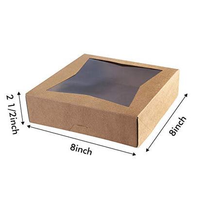 ONE MORE [15pcs] 8" Brown Bakery Pie Boxes, Kraft Cardboard Cookie Box with Window Auto-Popup Natural Disposable Pastries Boxes 8x8x2.5inch,Pack of 15