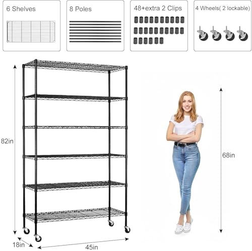 Wire Shelving Unit with Wheels, 6 Tier Adjustable Storage Shelves - color: Black, size: 18"D x 45"W x 82"H