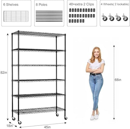 Wire Shelving Unit with Wheels, 6 Tier Adjustable Storage Shelves - color: Black, size: 18"D x 45"W x 82"H