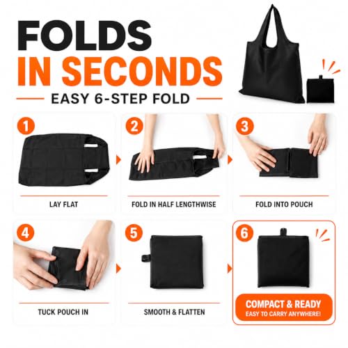 Reusable Grocery Bags 6 Pack, Foldable Shopping Bags with Pouch, Heavy Duty 50 LBS, Machine Washable Travel Totes - color: Black