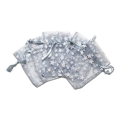 100 Sheer Organza Gift Bags w. Drawstring - Metallic Star by TheDisplayGuys - color: Silver / White Stars