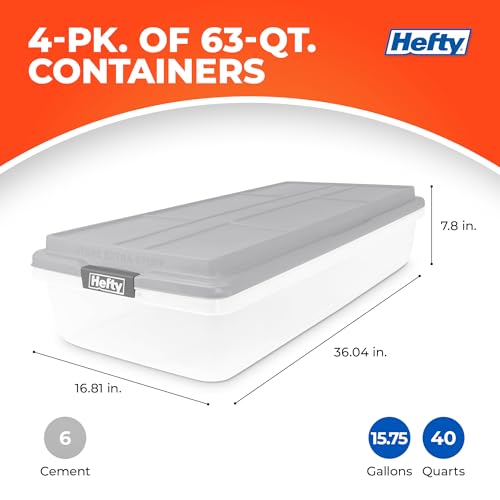 Hefty 63 Qt Hi-Rise Storage Bin with Lid, Stackable Plastic Storage Container, Organizer for Home, Garage & Closet, 4 Pack, Gray - size: 63 QT - 4 Pack