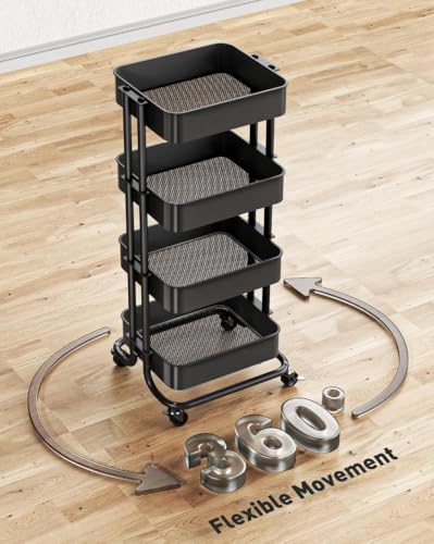 Pipishell 4 Tier Metal Rolling Utility Cart with 2 Lockable Wheels, Black - color: Black, size: 4 Tier