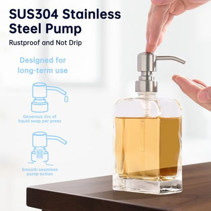 Glass Soap Dispenser with Rust Proof Stainless Steel Pump, Kitchen Hand and Dish Soap Dispensers 2 Pack Set, Refillable Hand Sanitizer Clear Soap Dispenser Bathroom Set, Brushed Nickel - color: Brushed Nickel, size: 2 pack - 11 oz