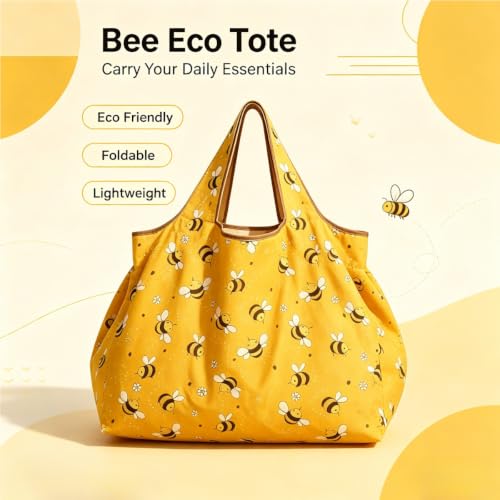 Large Capacity Unisex Tote Bag,Foldable Tote Nylon Reusable Grocery Bags,with Camouflage Pattern for Shopping,Travel,Camping - color: Yellow Bee