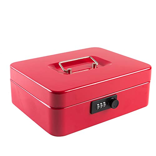KYODOLED Large Cash Box with Combination Lock Safe Metal Money Box with Money Tray for Security Lock Box 9.84"x 7.87"x 3.54" Red Large - color: Red (Pack of 1), size: Large