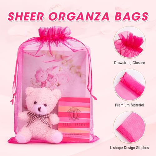 ANZNKU 50 Pcs Large Organza Bags 8x12, Small Mesh Gift Bag Drawstring Bulk - color: Hot Pink