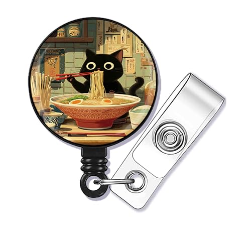 The cat Eating Noodles Badge Reel,Retractable Name Card Badge Holder with Alligator Clip, Medical MD RN Nurse Badge ID,Office Employee Name Badge, Badge Holder, Black