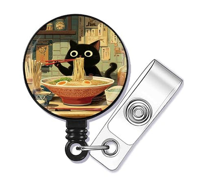 The cat Eating Noodles Badge Reel,Retractable Name Card Badge Holder with Alligator Clip, Medical MD RN Nurse Badge ID,Office Employee Name Badge, Badge Holder, Black