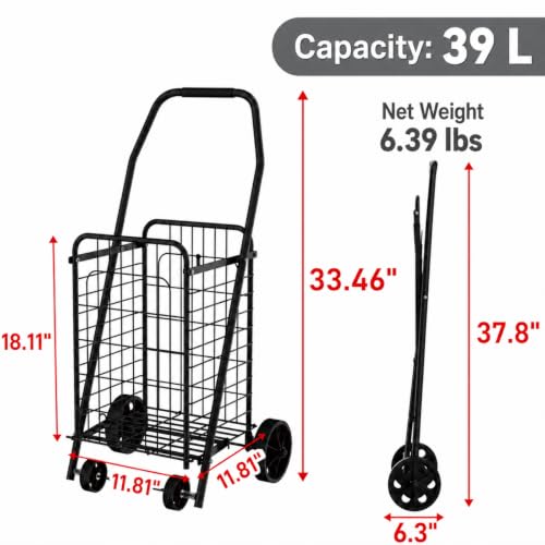 Foldable Shopping Cart with Wheels, Metal Rolling Utility Crate