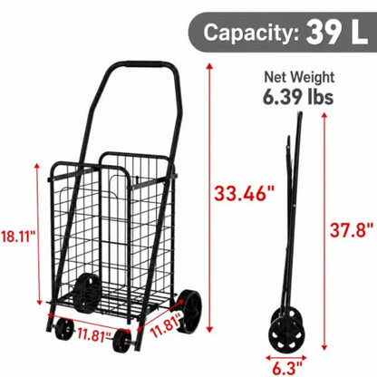 Foldable Shopping Cart with Wheels, Metal Rolling Utility Crate