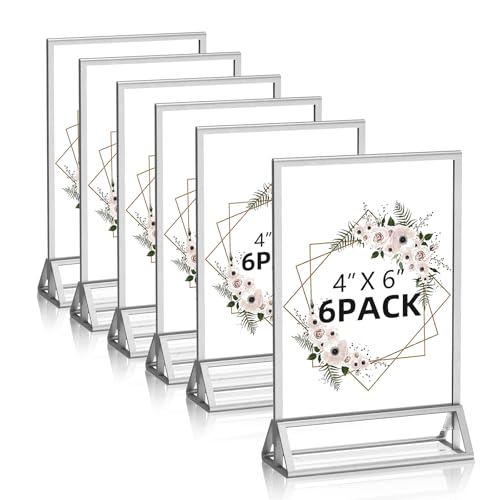 PPH-Sisy 4x6 Acrylic Sign Holder, 6 Pack Silver Picture Frames Table Top Sign Holders Flyer Menu Holder, Double-Sided Photo Frames Clear Display Stand for Wedding Party Home Office - color: Silver, size: 4x6-6 Pack