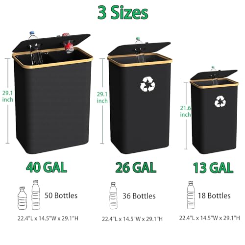 Recycling Bin Kitchen Indoor Home 40 Gallon 156L Recycle Bin with Lid 2 Removeable Reusable Inner Bag Bottle Can Glass Waste Plastice,Big Black - size: Black-40Gallon