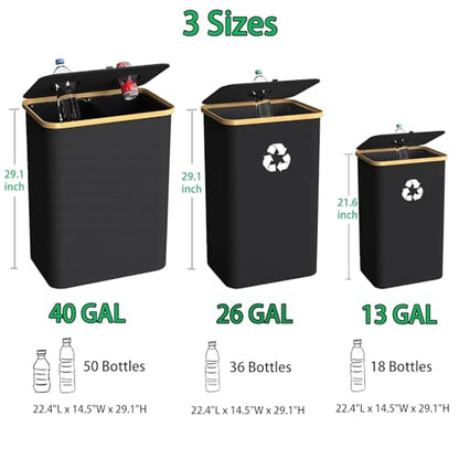 Recycling Bin Kitchen Indoor Home 40 Gallon 156L Recycle Bin with Lid 2 Removeable Reusable Inner Bag Bottle Can Glass Waste Plastice,Big Black - size: Black-40Gallon