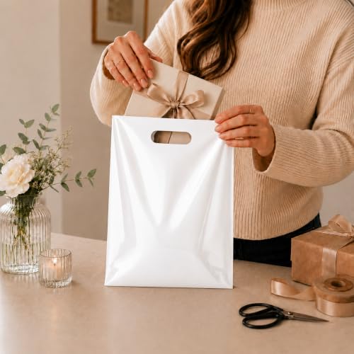 100 Pack White Plastic Shopping Bags 9" x 12" with Die Cut Handles - size: 100 Count (Pack of 1)