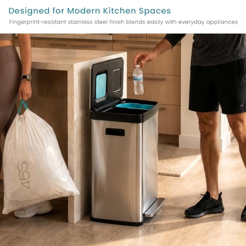 Home Zone Living 19 Gallon Kitchen Trash Can with Dual Compartments - color: Silver, size: 19 Gallon