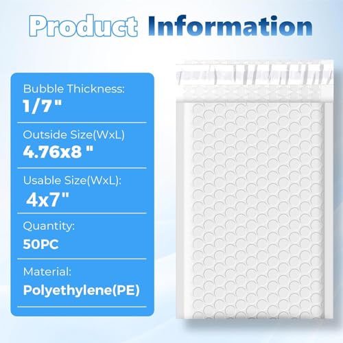 Metronic Bubble Mailers 4x8" 50 Pack Padded Envelopes True 4x7" Usable Size - color: White, size: 4x8" 50 pc