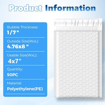 Metronic Bubble Mailers 4x8" 50 Pack Padded Envelopes True 4x7" Usable Size - color: White, size: 4x8" 50 pc