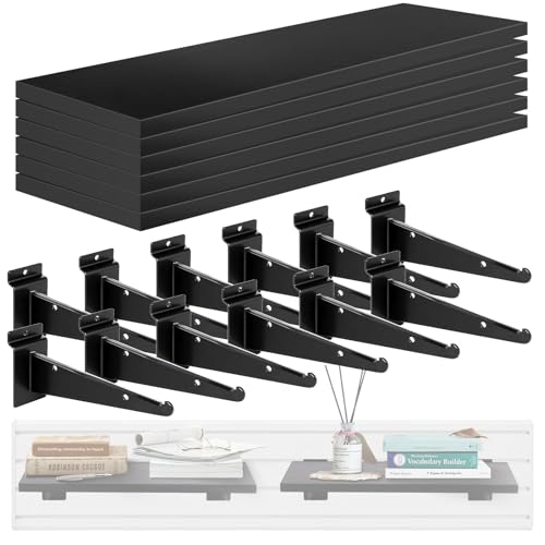 6 Pack 16x6 Inch Wooden Slatwall Shelves with Metal Brackets, Black - size: 6-Pack 16" x 6"