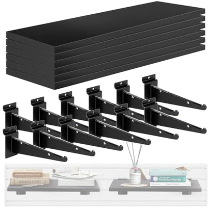 6 Pack 16x6 Inch Wooden Slatwall Shelves with Metal Brackets, Black - size: 6-Pack 16" x 6"