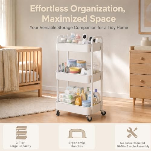 3 Tier Rolling Cart with Wheels, Utility Storage Carts,White - color: White, size: 3-Tier