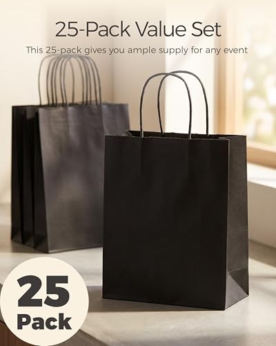 SUNCOLOR 25-Pack Black Gift Bags with Handles, 8x4.5x10 Inch Medium Kraft Paper Bags for Party Favors, Retail, Halloween, Weddings - color: Black