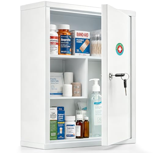 KYODOLED Locking Medicine Cabinet with Keys, Wall Mount, 15.75 Inch, White