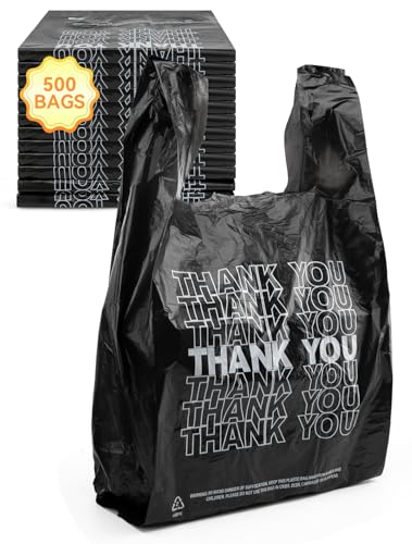 UMT Plastar 500 Count Thank You Bags, 12 x 6 x 22 in, Black Grocery Bags