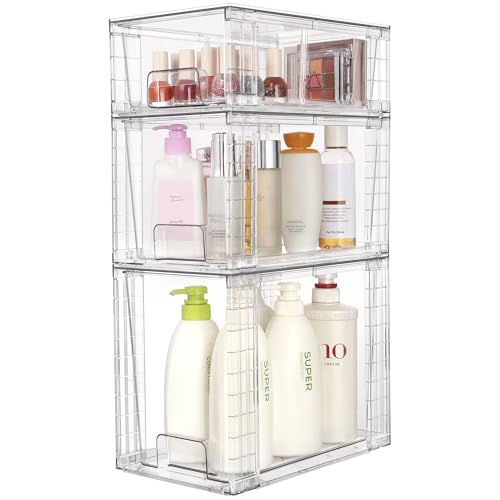 Vtopmart 3 Pack Clear Stackable Storage Drawers,Easy to Assemble Bathroom Organizers and Storage with handles,Plastic Drawers for Kitchen Pantry,Cabinet,Under Sink Organization - style: 1 Large+1 Medium+1 Small