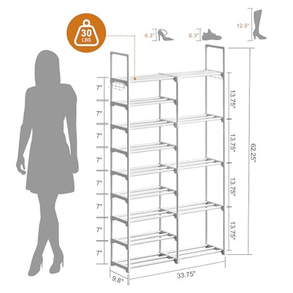 WOWLIVE 9 Tier 2-Column Shoe Rack, 30-35 Pairs Stackable White - color: White, size: 2 Row 9 Tier
