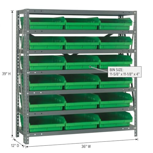 Quantum Storage 1239-109 Steel Shelf Bin Organizer System, 18 4"H Hopper-Front Bins, 7-Shelf Unit, 400 lb Per Shelf, for Warehouse, Shop, Garage & Stockroom, 12"D x 36"W x 39"H, Green - size: 39" H x 36" W x 12" D, style: 12" L x 12" W x 4" H 18 Economy G