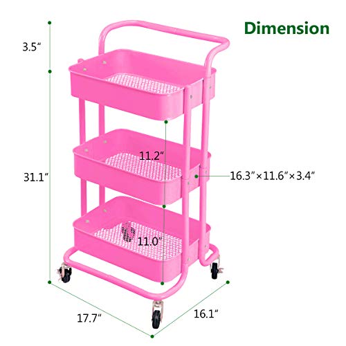 3-Tier Metal Mesh Rolling Cart Storage Organizer with Utility Handle and Wheels, Pink - color: A- Pink