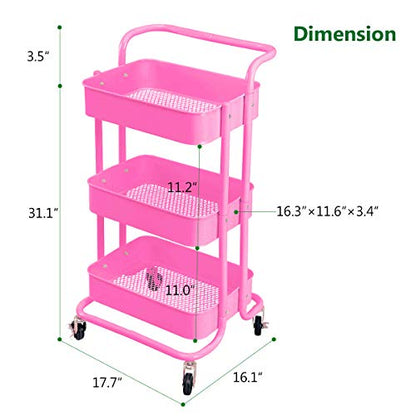 3-Tier Metal Mesh Rolling Cart Storage Organizer with Utility Handle and Wheels, Pink - color: A- Pink