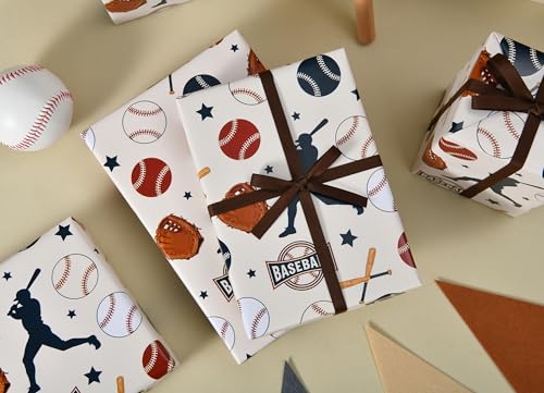 Sikiweiter Baseball Wrapping Paper Roll - 17" x 16.5 ft - Sports Themed Gift Wrap with Baseballs, Bats, Gloves & Player Silhouettes for Birthdays, Team Celebrations, and Baseball Fans(Baseball) - color: Baseball