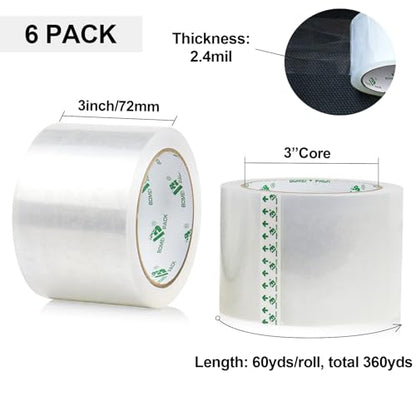 BOMEI PACK 3Inch Wide Clear Silent Packing Tape, 6Rolls 2.4Mil X 60Yds Heavy Duty No Noise Quiet Tape 3” for Moving, Shipping, Mailing, Storage and Packaging - size: 3inch x 60yds