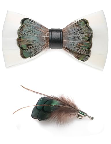 RBOCOTT Handmade Feather Pre-tied Bow tie and Brooch Sets for Men - color: White/Green