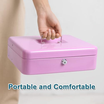 Jssmst Metal Cash Box with Money Tray and Lock, Portable Cash Drawer, 11.8" - color: Light Purple Key