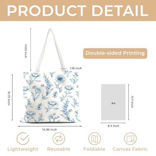 Cute Canvas Tote Bag for Women, Book Totebag with Zipper Pocket - color: Blue Line Floral