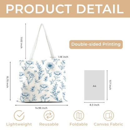 Cute Canvas Tote Bag for Women, Book Totebag with Zipper Pocket - color: Blue Line Floral