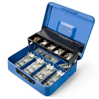 Jssmst Metal Cash Box with Money Tray and Lock, Portable Cash Drawer, 11.8" - color: Blue Code-B