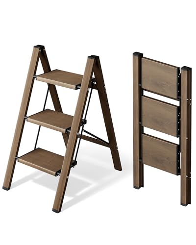 HillhutApex 3 Step Stool Foldable Ladder,Aluminum Step Ladder - color: Walnut