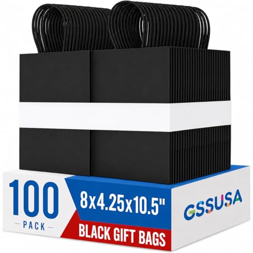 GSSUSA Black Paper Bags with Handles, Gift Bags 8x4.25x10.5, 100 Pack - color: Jet black, size: 8x4.25x10.5 Inch (Pack of 100)