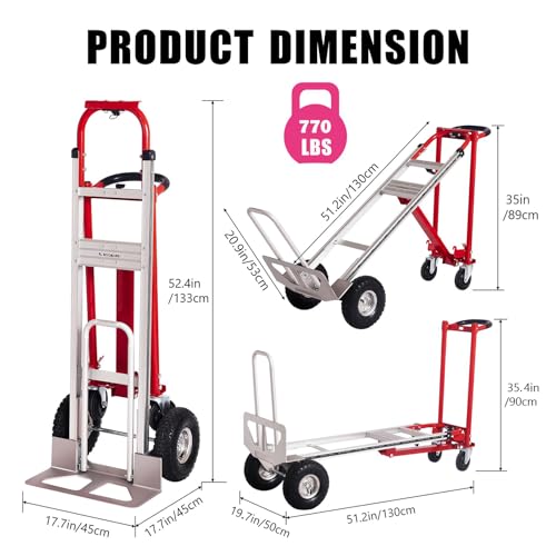 Folding Hand Truck Dolly, 4 in 1 Aluminum Dolly Heavy Duty with Rubber Handle, Folding Truck 770LB Capacity Weigth, Non-Slip Wheels, for Garage, Warehouse, Outdoor Delivery