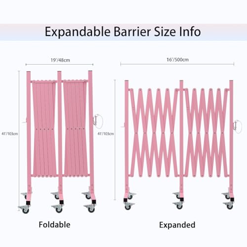 GYMTIME Expandable Metal Barricade, Flexible Mobile Safety Barrier, Folding Security Gate with Casters, Adjustable Traffic Temporary Fence for School, Shopping Mall, 16 Feet, Pale Pink - size: 41 in-16 Feet(H-L), style: 16 Feet Pale Pink